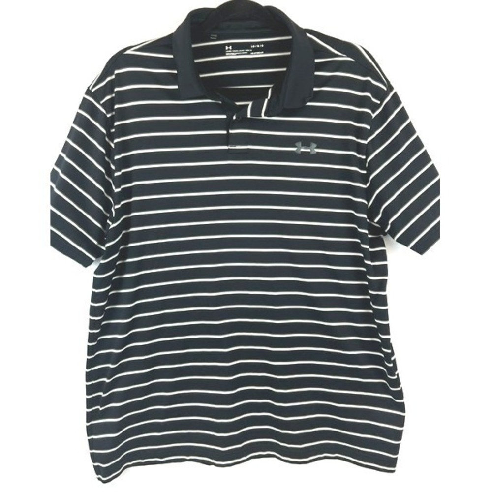 Under Armour Polo Shirt Black White Striped HeatGear Men Large